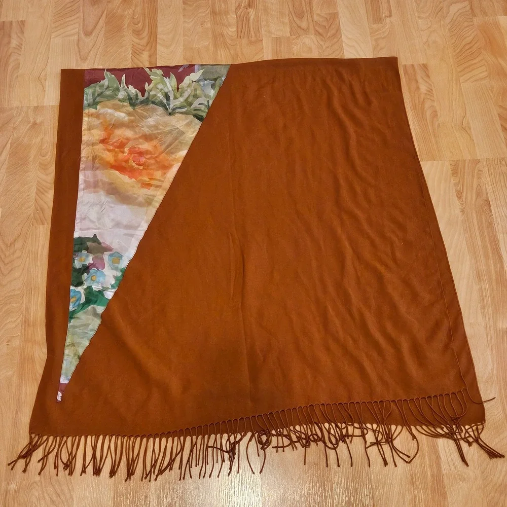 Pashmina Floral Silk Panel Shawl Wrap Womens OS Brown Fringe Made in Italy